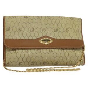 Authentic Christian Dior Honeycomb Canvas Chain Shoulder Bag PVC Beige Gold